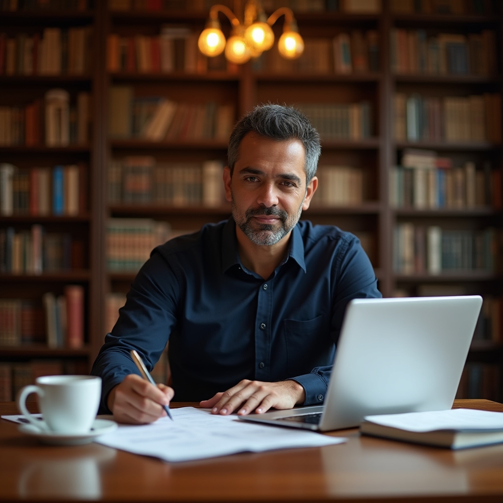 Freelance professional working on laptop at a warm-lit desk, reviewing tax documents