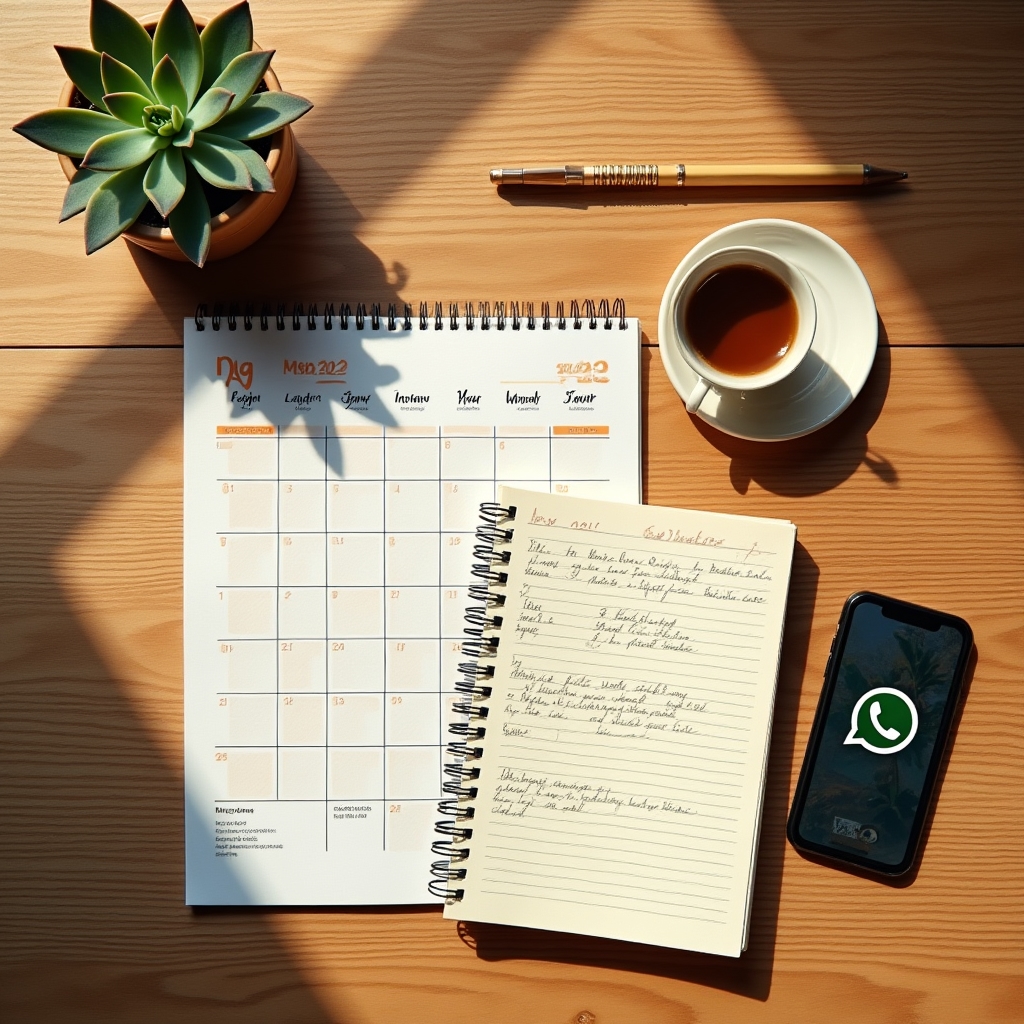 Organized desk with tax documents, calendar, and smartphone showing WhatsApp notifications in warm ambient light