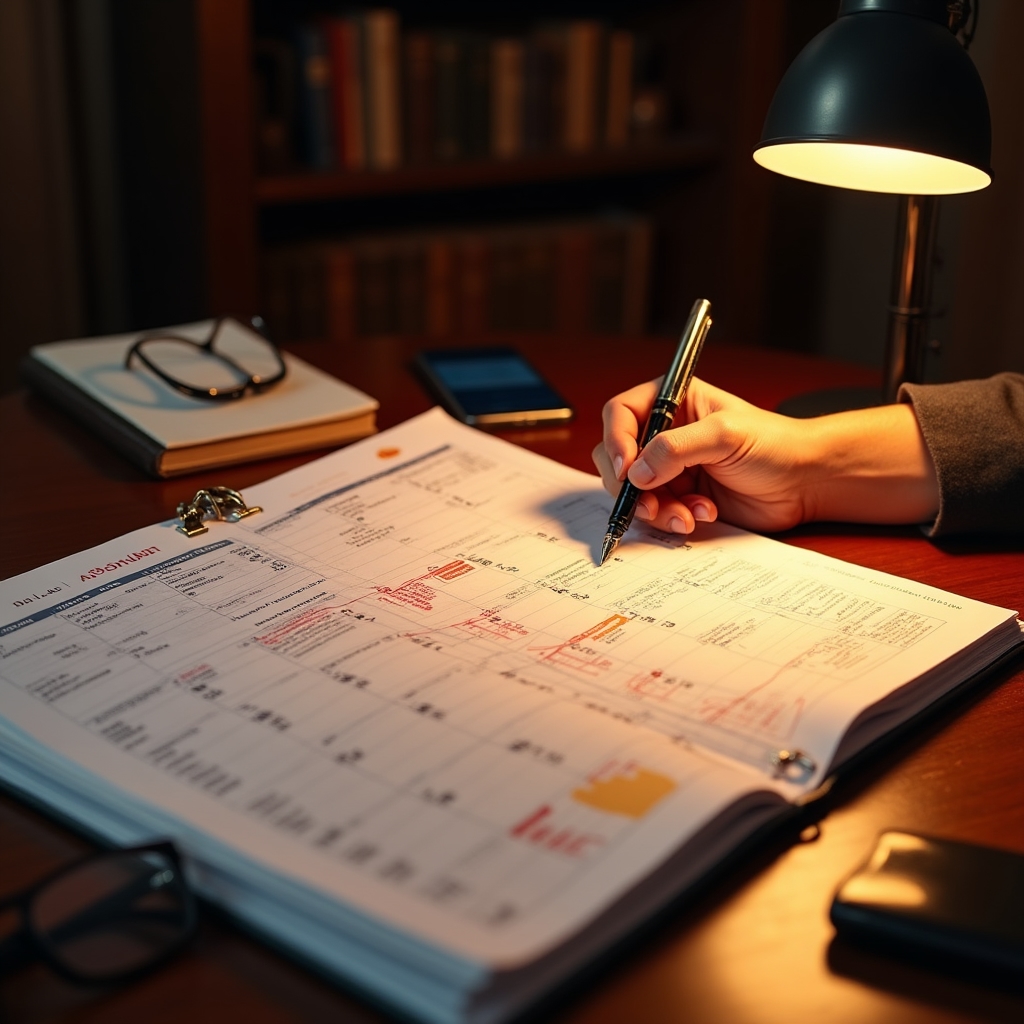 Tax calendar with highlighted important dates spread across a desk with warm ambient lighting and organized documents