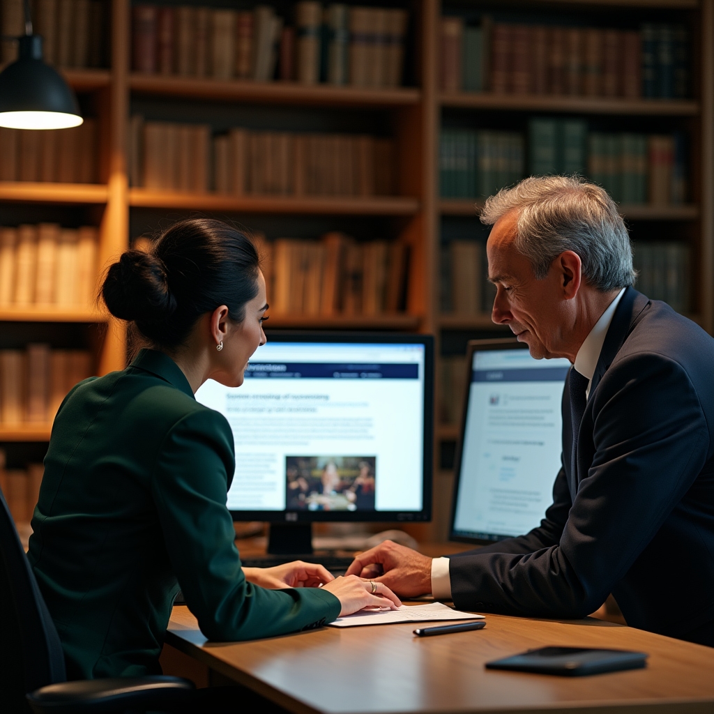 Professional team reviewing official government publications and tax calendars on computer screens in a well-lit office